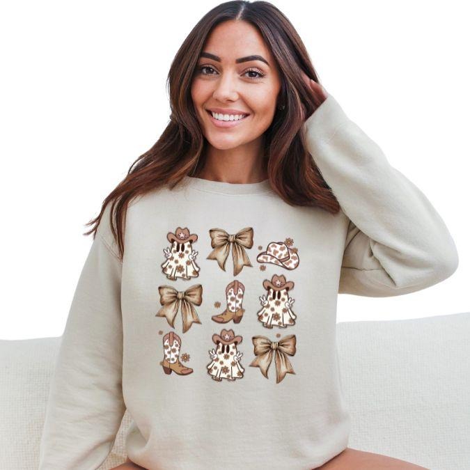 Casual Western Coquette Ghost Sweatshirt for Women - Cowboy, Cowgirl Style with Long Sleeves Crewneck Halloween Coquette...