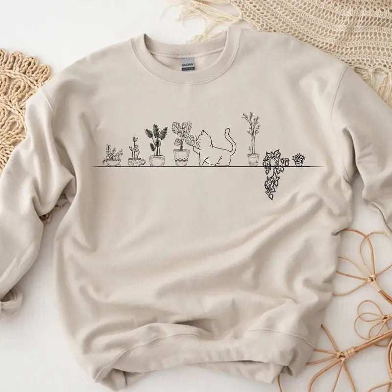 Cat And Plants Sweatshirt Cat Lover Sweater Plant Lover Outfit Cat Owner Clothing Cat Owner Custom Sweater Cat Mom...