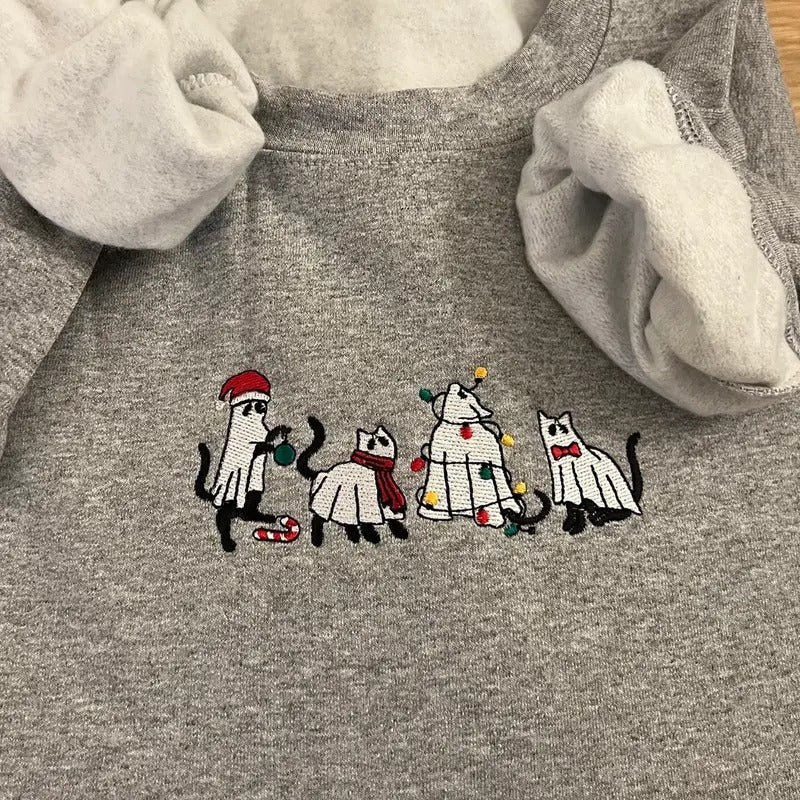 Cat Christmas Embroidered Sweatshirt - Cat Embroidered Sweater - Christmas Embroidered Sweater - Christmas Cat Sweater...
