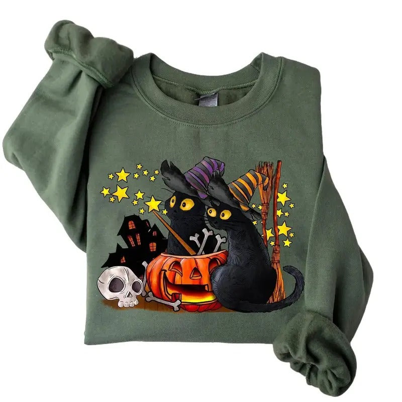 Cat Halloween Sweatshirt, Ghost Sat Shirt, Halloween Sweater, Halloween Cat T-shirt, Cat Lover Tee, Black Cat Shirt,...