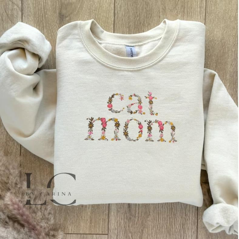 Cat Mom Floral Print Embroidered Sweatshirt - Stylish Pet Lover Apparel - Custom Cat Mom Jumper T-Shirts, Hoodie