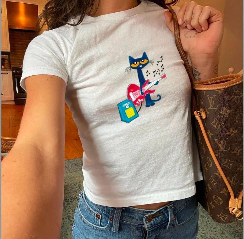 Cat Playing Guitar Baby Tee, Y2K Baby Tee, 90s Baby Tee, Graphic Shirt Crop, Coquette Shirt, Vintage Shirt Hoodie, Sweatshirt
