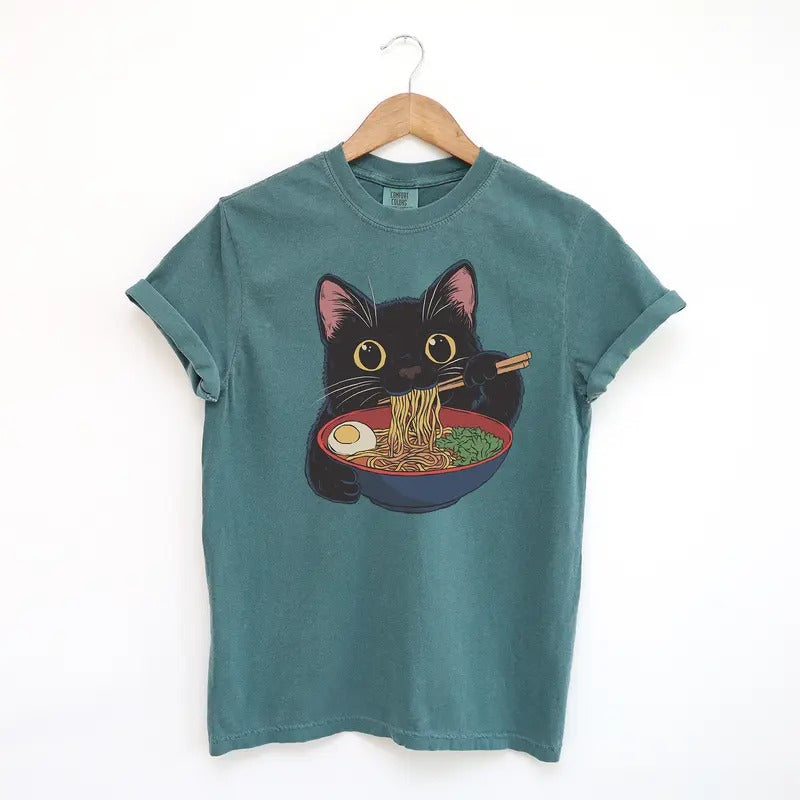 Cat Ramen Tshirt, Cute Comfort Colors Shirt, Ramen lover Cat Shirt Fit Top Hoodie, Sweatshirt | TeeBloomCo.com