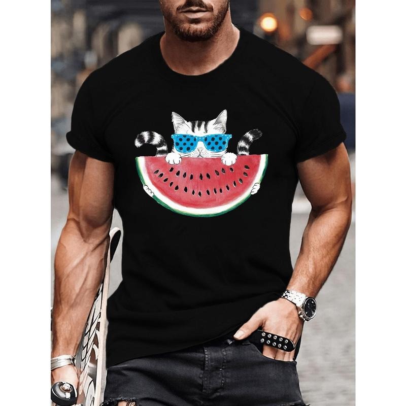Cat With Watermelon Print T-Shirt, Tees For Men, Casual Crew Neck Short Sleeve T-shirt For Summer made in usa Hoodie,...