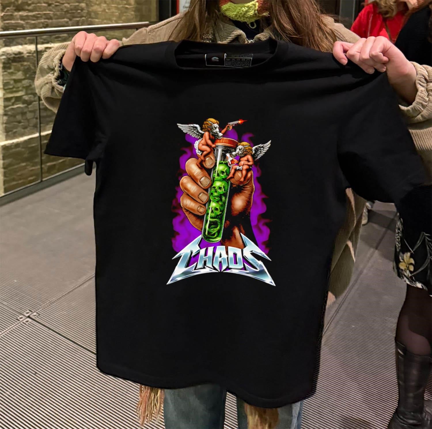 Chaos Hand Holding Test Tube With Green Skulls shirt