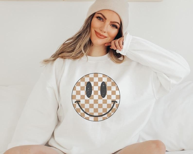 Checker Happy Face Crew Neck Sweatshirt | Fall Sweater | Gift for Her Be Happy Hoodie and Sweater; T-shirt Cotton Polyester