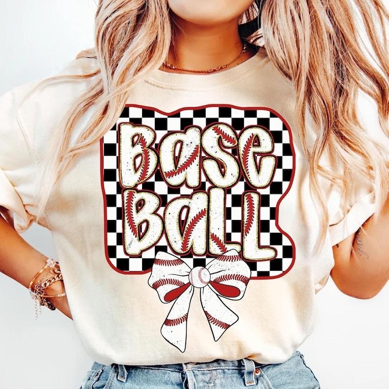 Checkered Baseball Coquette Tshirt-sweatshirt-hoodie, Baseball , Baseball Coquette Bow , Baseball Mama , Brushstroke...