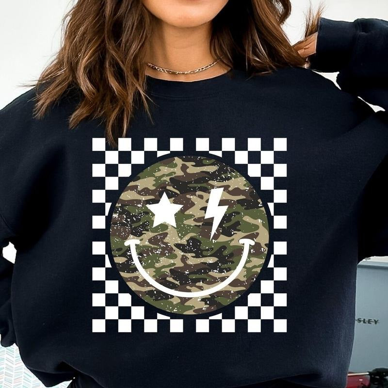 Checkered Camouflage Happy Face Sweater, Camo Happy Face Shirt, Camo Lightning Smile Tee, Distressed Camouflage Gift...