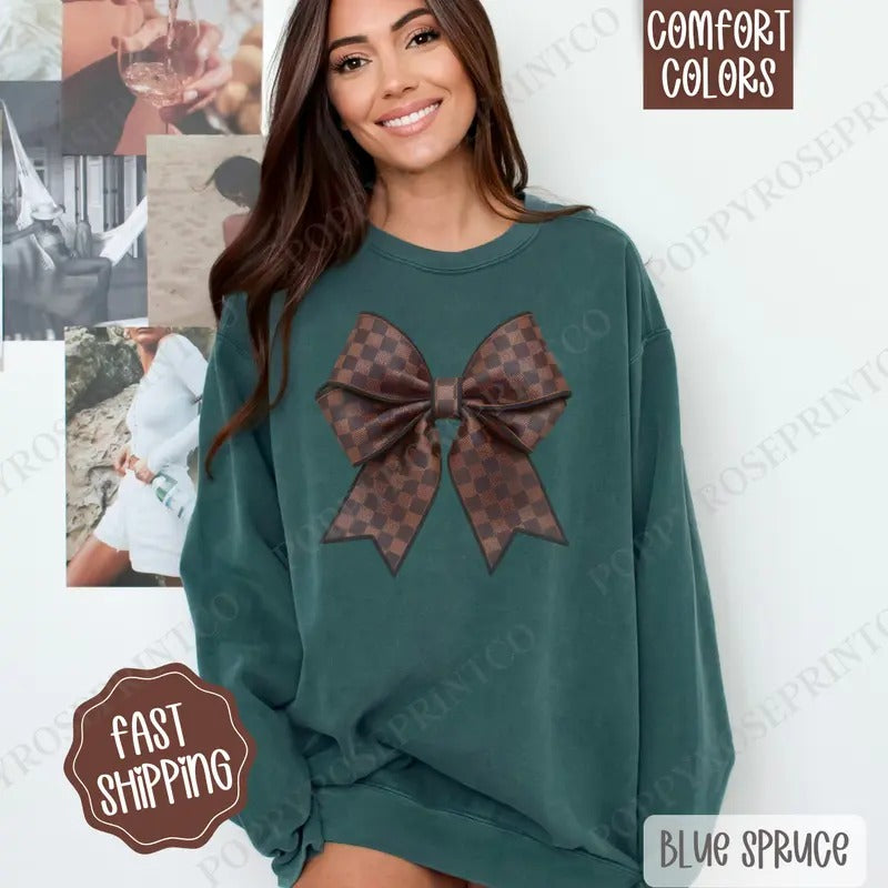 Checkered Coquette Bow Comfort Colors Sweatshirt, Bow Women's Crewneck, Cute Women's Sweater T-Shirts, Hoodie