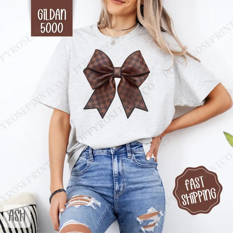 Checkered Coquette Bow Gildan, Bow Women's Tee, Cute Women's Tshirt Plus Sizes Hoodie, Sweatshirt | TeeBloomCo.com