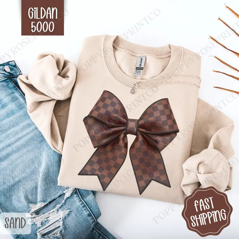 Checkered Coquette Bow Sweatshirt, Bow Crewneck, Cute Women's Sweater T-Shirts, Hoodie | TeeBloomCo.com
