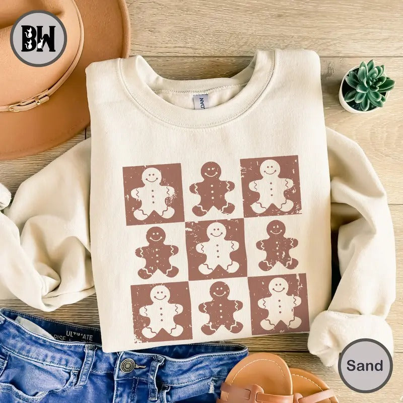 Checkered Gingerbread Man Sweatshirt, Distressed Christmas Shirt, Christmas Shirt, Cute Checkered Xmas Shirt, Christmas...