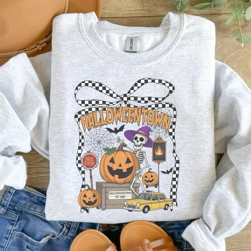 Checkered Halloween Town Sweatshirt - Ash Grey - Halloween Sweatshirt T-Shirts, Hoodie | TeeBloomCo.com
