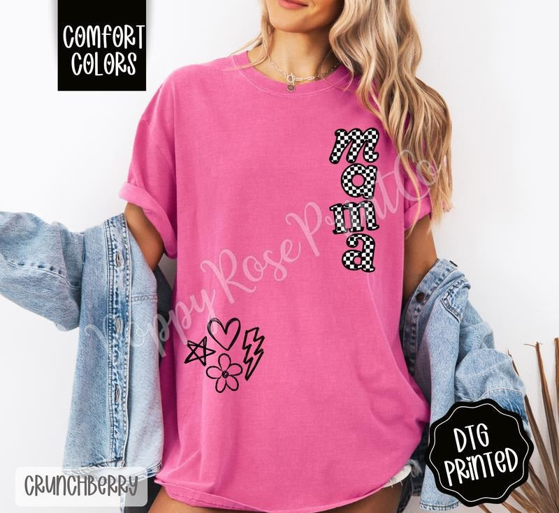 Checkered Mama Doodle Shirt Comfort Colors, Trendy Graphic Women's Tee, Gift for Her Hoodie, Sweatshirt | TeeBloomCo.com