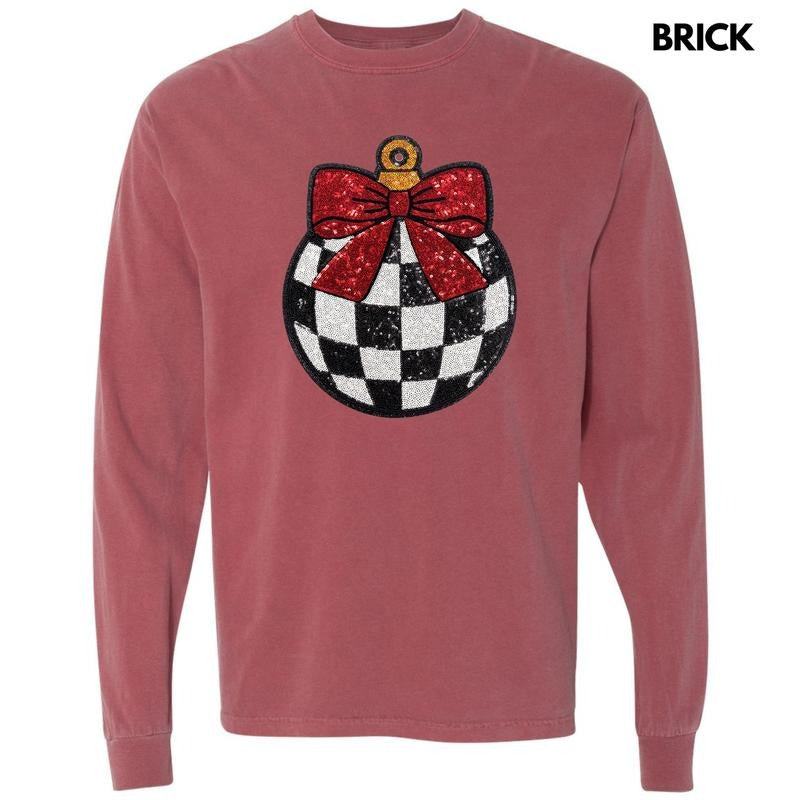 Checkered Ornament Sequin Patch Long Sleeve Comfort Colors T-Shirt Hoodie, Sweatshirt | TeeBloomCo.com