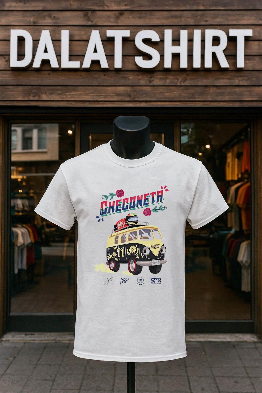 Checoneta Sergio Perez Number 11 Flower Bus Graphic shirt