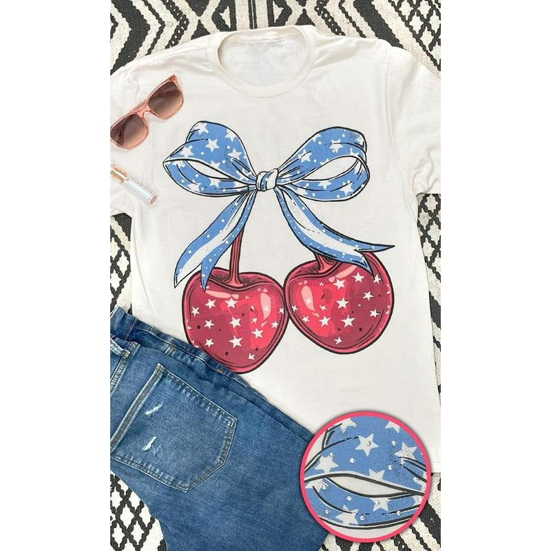 Cherry Bow Americana Rhinestone Graphic T-Shirt Natural Hoodie, Sweatshirt | TeeBloomCo.com