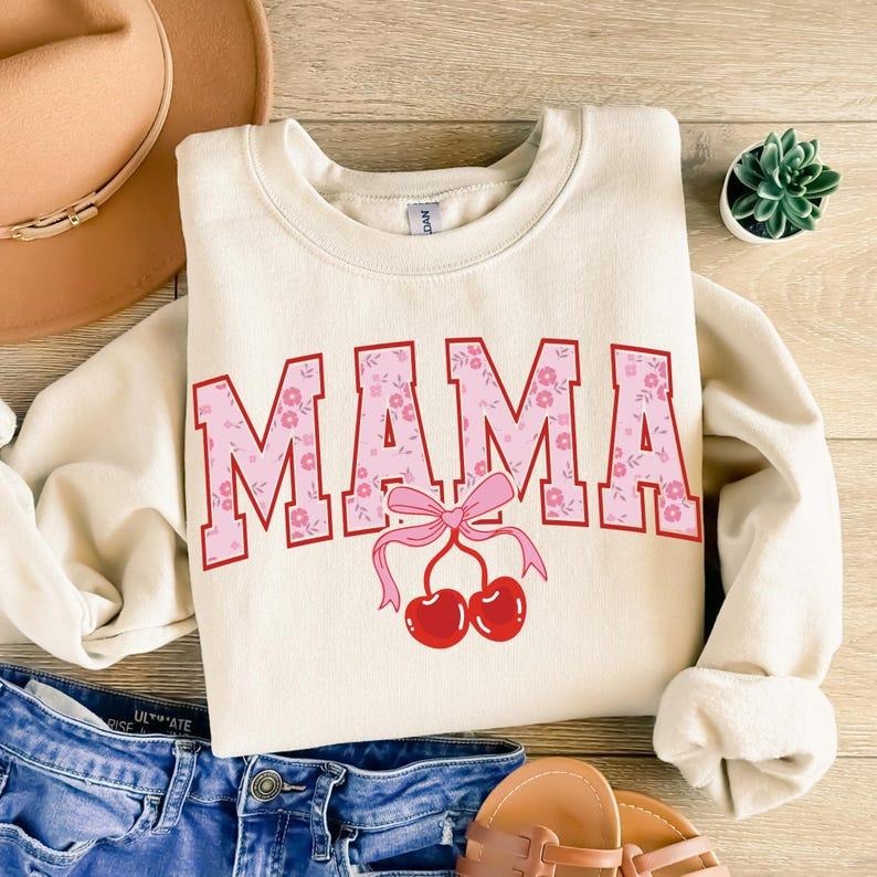 Cherry Bow Coquette Mama Sweatshirt Mom Coquette Soft Girl Aesthetic Mothers Day Ribbon T-Shirts, Hoodie | TeeBloomCo.com