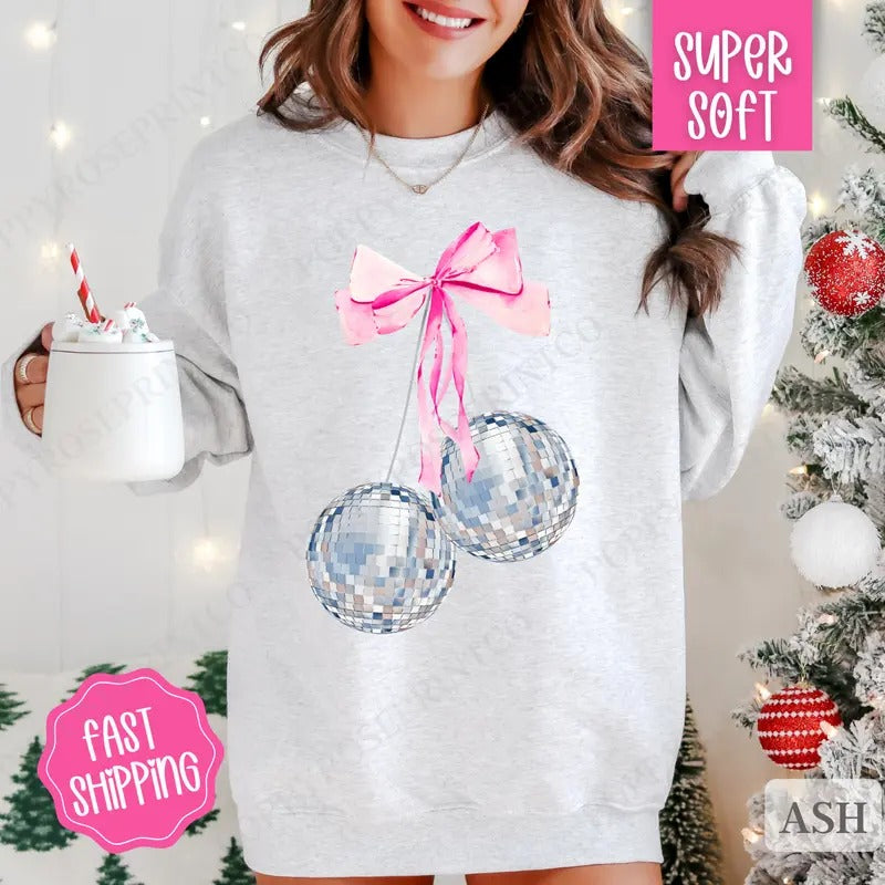 Cherry Disco Bow Sweatshirt, New Year's 2025 Crewneck, NYE Women's Sweater T-Shirts, Hoodie | TeeBloomCo.com