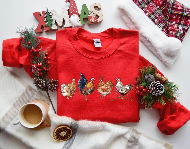 Chicken Christmas Sweatshirt, Funny Animal Hoodie, Funny Chicken Sweater, Cute Farmer Sweater, Christmas Country Hoodie,...