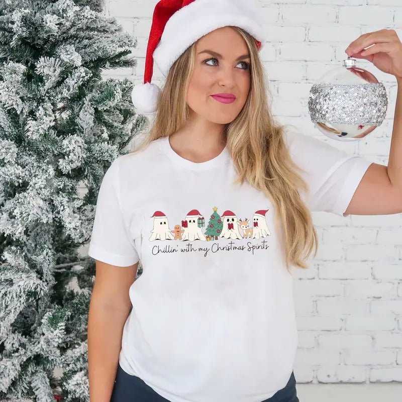 Chilling with My Xmas Spirits Sweatshirt, Funny Christmas Ghosts Shirt, Funny Tee, Christmas Vibes Shirt, Merry Christmas...