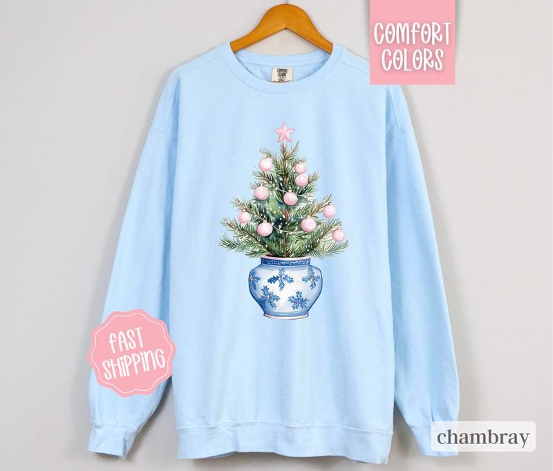 Chinoiserie Christmas Tree Comfort Colors Sweatshirt,  Coquette Christmas Sweater Womenswear,  Preppy Holiday Crewneck...