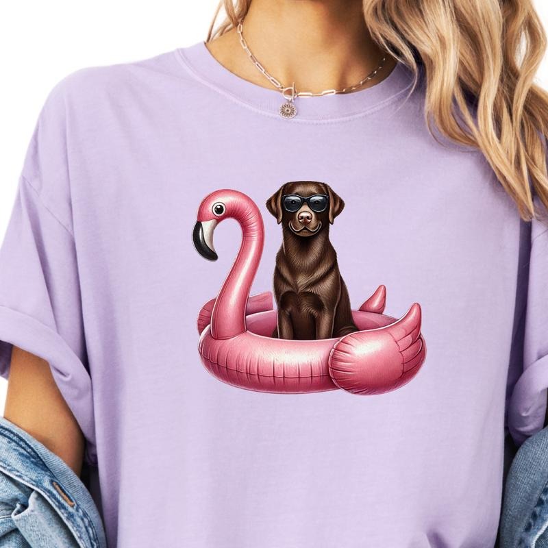 Chocolate Lab Flamingo Float Dog Shirt ~ Unisex Apparel Relaxed Fit Printed In The USA Clothing Womenswear Casual Comfort...