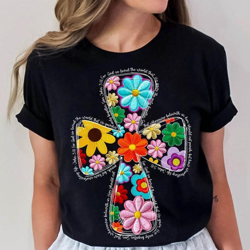 Christian Easter Spring Floral Embroidered Tee Shirt, Loved The World Easter, Floral Cross Tee Shirt, Jesus Easter Shirt,...