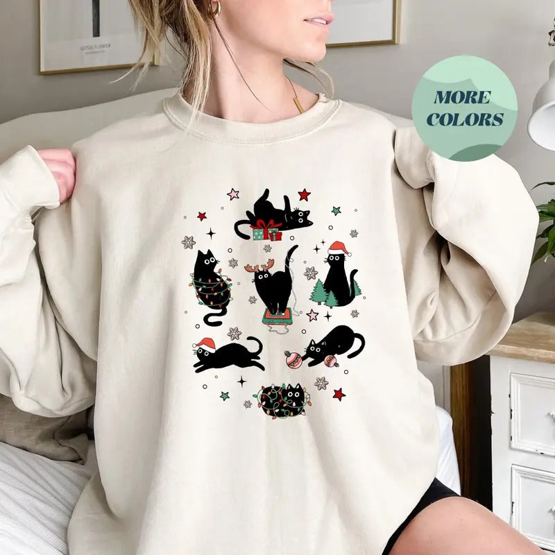 Christmas Black Cat Sweatshirt, Cute Kitten Christmas Shirt, Perfect Gift for Cat Lovers, Cozy Cat Mom Holiday Apparel,...