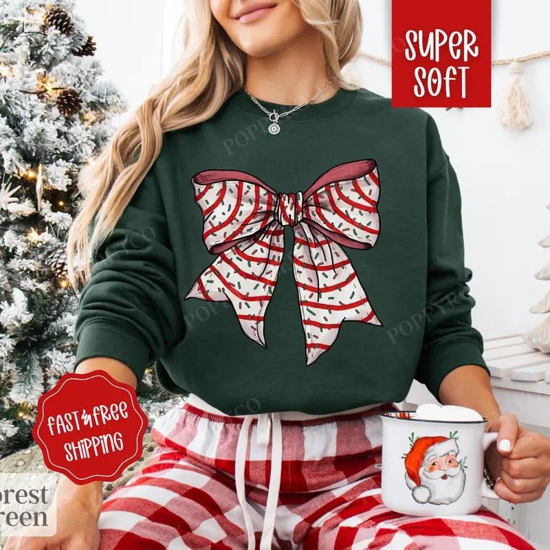 Christmas Bow Sweatshirt, Christmas Sweater, Women's Holiday Crewneck retro christmas T-Shirts, Hoodie | TeeBloomCo.com