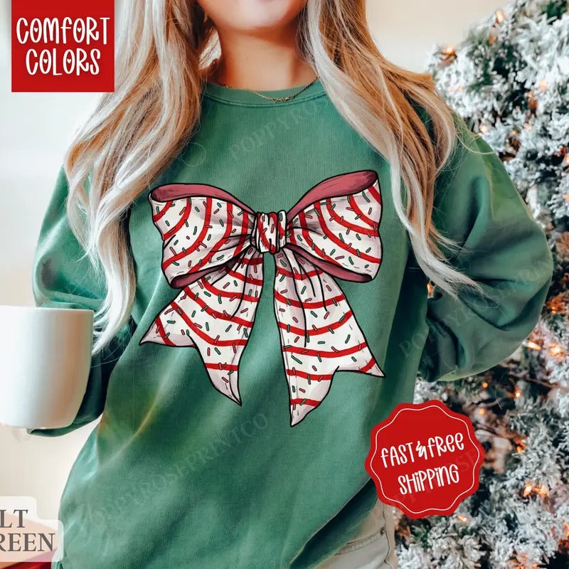 Christmas Cake Bow Comfort Colors Sweatshirt, Christmas Sweater Womenswear, Holiday Crewneck retro christmas T-Shirts, Hoodie