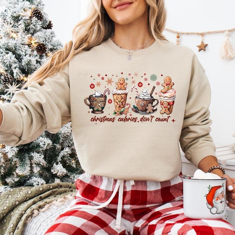 Christmas Calories Don't Count Sweatshirt, Cute Latte Cup Christmas T-shirt, Gingerbread Christmas Tee, Christmas...