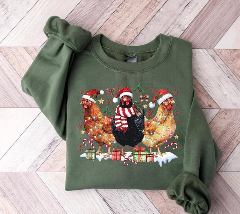 Christmas Chicken Sweatshirt, Christmas Farm Animals Shirt, Chicken Lovers Xmas Tee Shirt, Chicken Farm Animals Holiday...