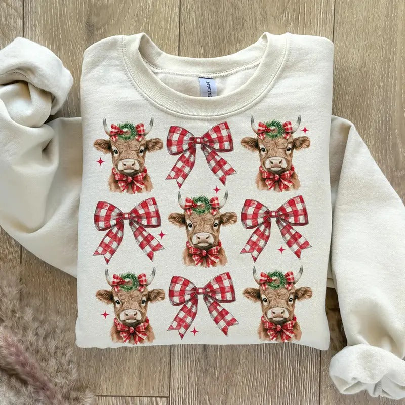 Christmas Coquette Highland Cow Shirt, Western Merry Xmas T-Shirt, Aesthetic Christmas Sweatshirt, Highland Cow Holiday...