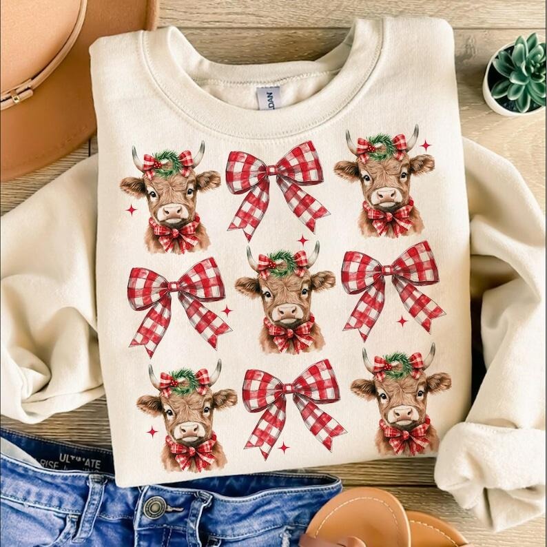 Christmas Coquette Highland Cow , Western Christmas Sweatshirt T-Shirts, Hoodie | TeeBloomCo.com