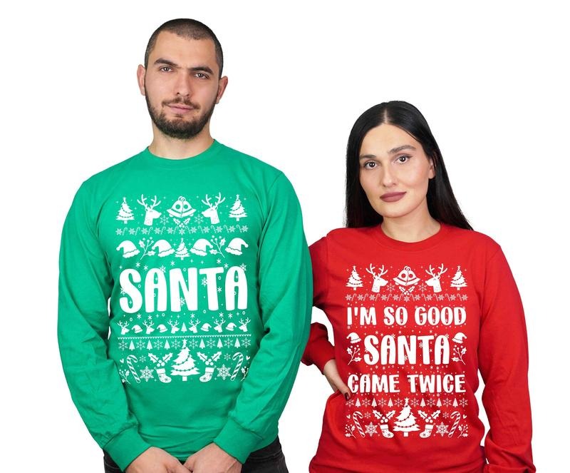 Christmas Couple Matching Sweatshirt, Funny Santa Shirt, Twice Husband Wife Ugly Sweater, Christmas Couple Gift, Long...