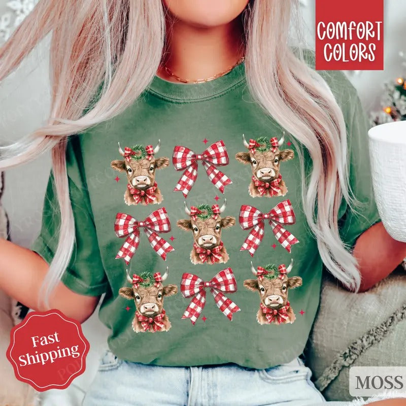 Christmas Cow Bow Shirt Comfort Colors Holiday Tshirt, Women's Holiday Tee Hoodie, Sweatshirt | TeeBloomCo.com