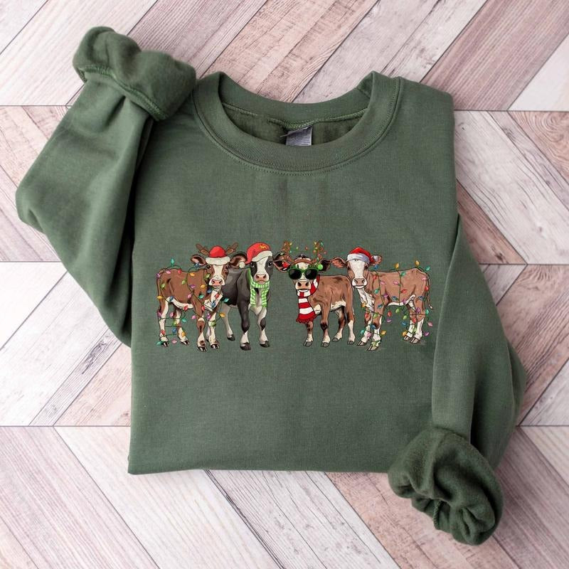 Christmas Cow Sweatshirt for Unisex, Cute Farm Christmas Shirt, Unisex Cotton Fabric Classic Crewneck Hoodie | TeeBloomCo.com