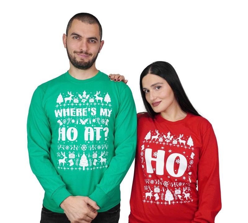 Christmas Funny Matching Outfits, Where's My Ho At Men's Green Sweatshirt, Ho Shirts, Couple Xmas Gift Sweater , Long...