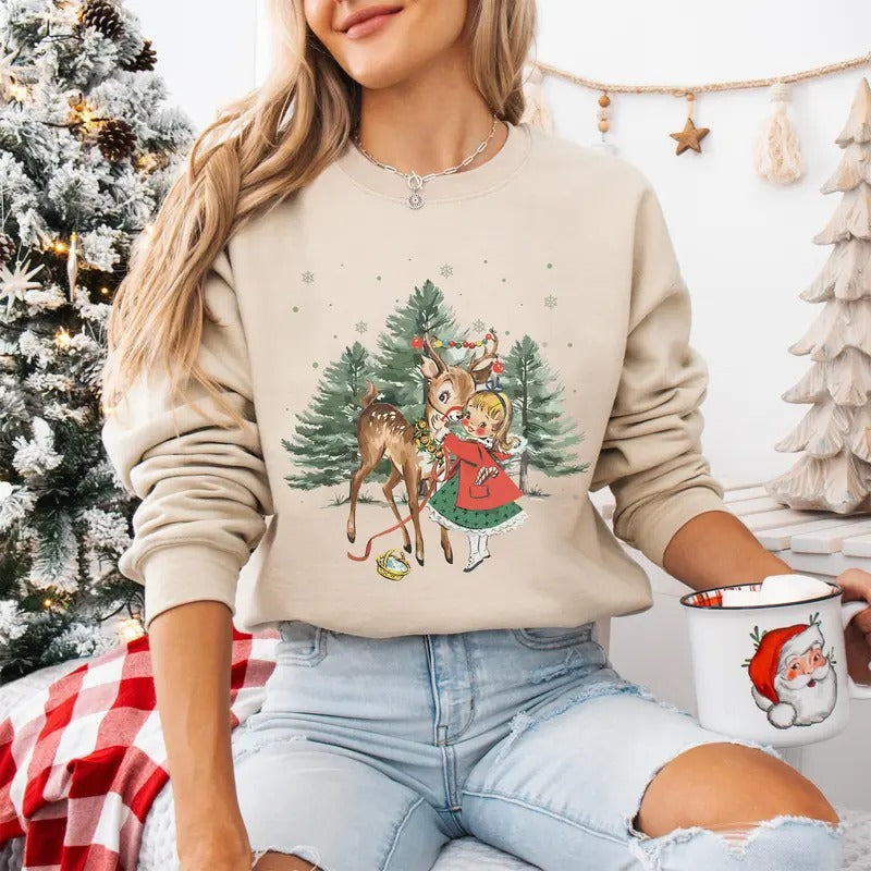 Christmas Girl and Reindeer Shirt, Christmas Sweatshirt, Christmas Tree Sweatshirt, Xmas Party Outfit, Holiday Crewneck...