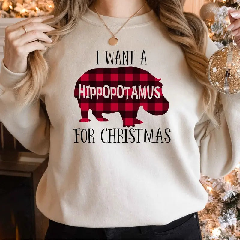Christmas Hippopotamus Sweatshirt - Unisex Cotton Fabric, Classic Fit - Pullover Crewneck Womenswear T-Shirts, Hoodie