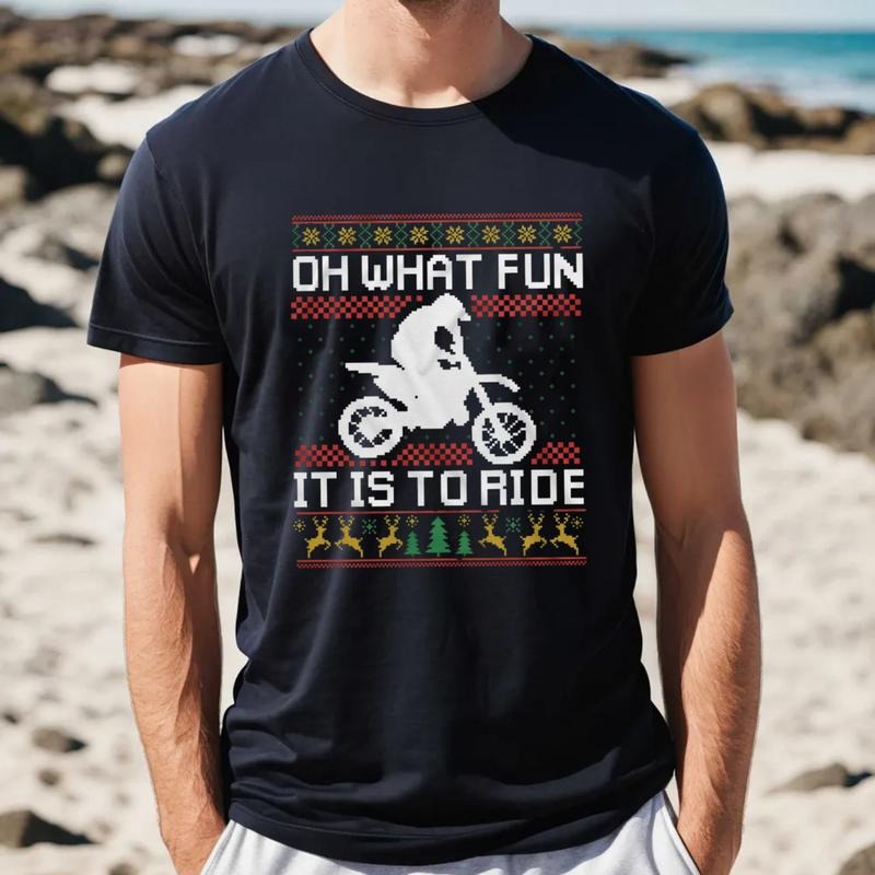 Christmas Holiday Ugly Tshirt, Pattern Biker Shirt, Bike Tee Shirt, Oh What Fun It Is To Ride Motorcycle Tee, Unisex...