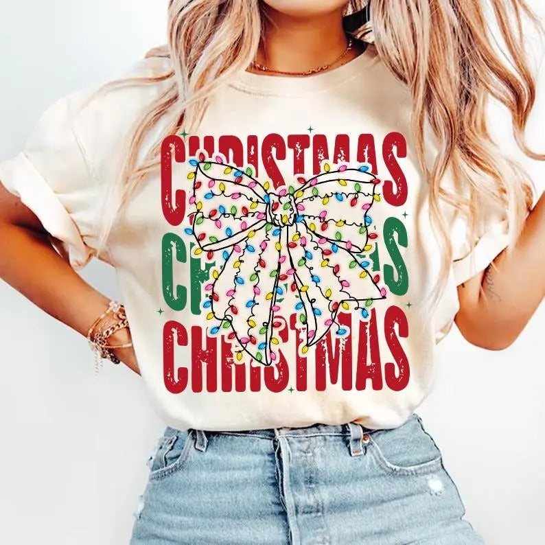 Christmas Light Bow Shirt, Christmas Coquette Bow Sweatshirt, Christmas Light, Xmas Coquette BowUnisex Cotton Shirt
