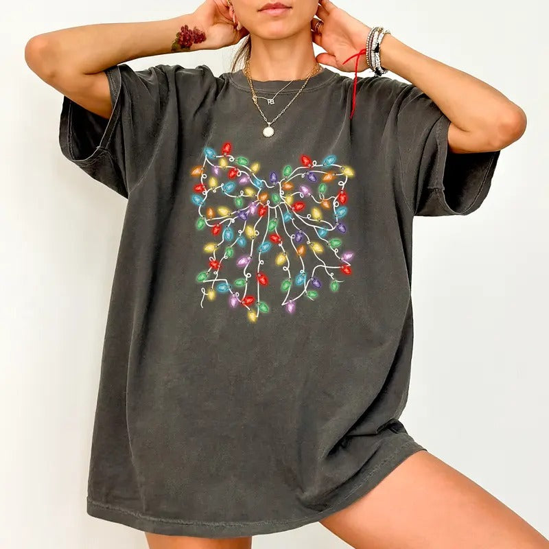 Christmas Light Coquette Bow Shirt Comfort Colors, Girly Christmas Coquette Bow Tee, Christmas Light Bow Tshirt for...