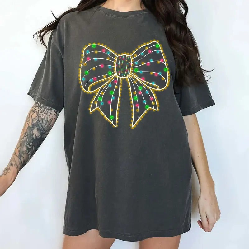 Christmas Lights Comfort Colors Shirt, Christmas Lights Coquette Bow Unhinged Tees, Merry And Bright Oversized Graphic...