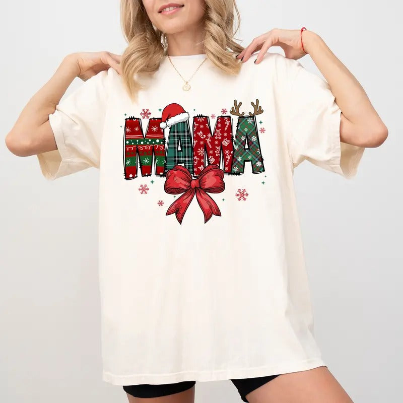 Christmas Mama Coquette Shirt Comfort Colors, Mama Claus T-shirt, Christmas Coquette Bow Tees, Xmas Holiday Tshirt for...