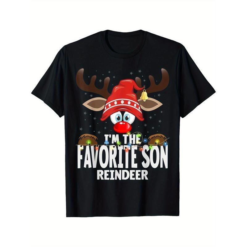 Christmas Matching I'm The Favorite Son Reindeer T-shirt Comfortable, Casual Short Sleeve, Daily Wear, All Season, Black,...