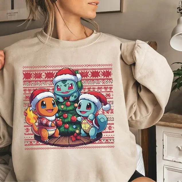 Christmas PKM Sweatshirt, Christmas Shirts for Anime Lovers,  Bulbasaur, Charizard, Turtle Hoodie | TeeBloomCo.com