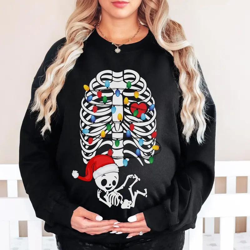 Christmas Pregnancy Announcement Sweatshirt, Maternity Christmas Sweater, Skeleton Pregnancy Reveal Expecting Mom To Be,...