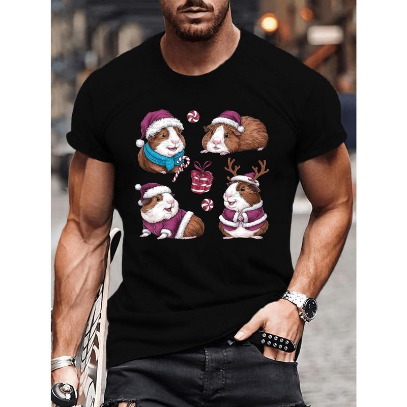 Christmas Print, Men's Creative Graphic Design T-shirt With Crew Neck, Comfy Tees For Summer, Men's Clothing Tops For Gym...